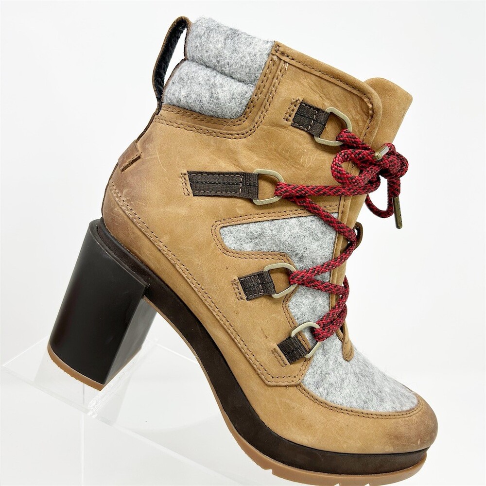 Sorel Blake Lace-Up Tan Gray Waterproof Block Heel Ankle Bootie Size 8.5